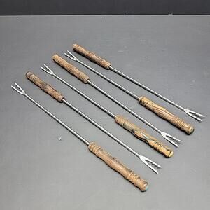 6 Fondue 10" 2 Prong German Stainless Steel Wooden Handle Color Code Mcm Vintage
